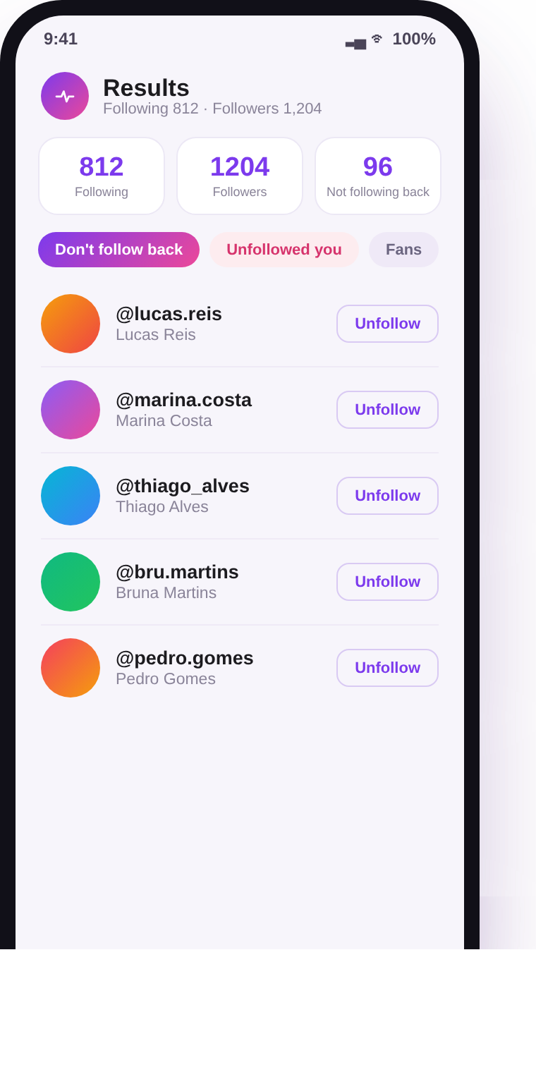 GramPulse results screen showing who doesn't follow you back with unfollow buttons